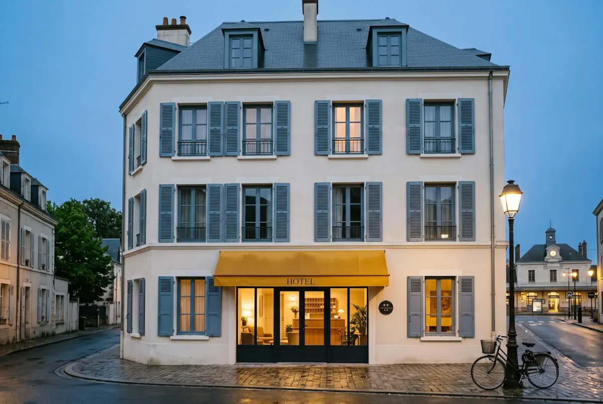 la façade et son store moutarde, à la tombée de la nuit