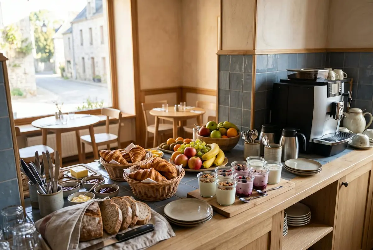 Le petit-déjeuner — le buffet : pain, viennoiseries, fruits, yaourts et café